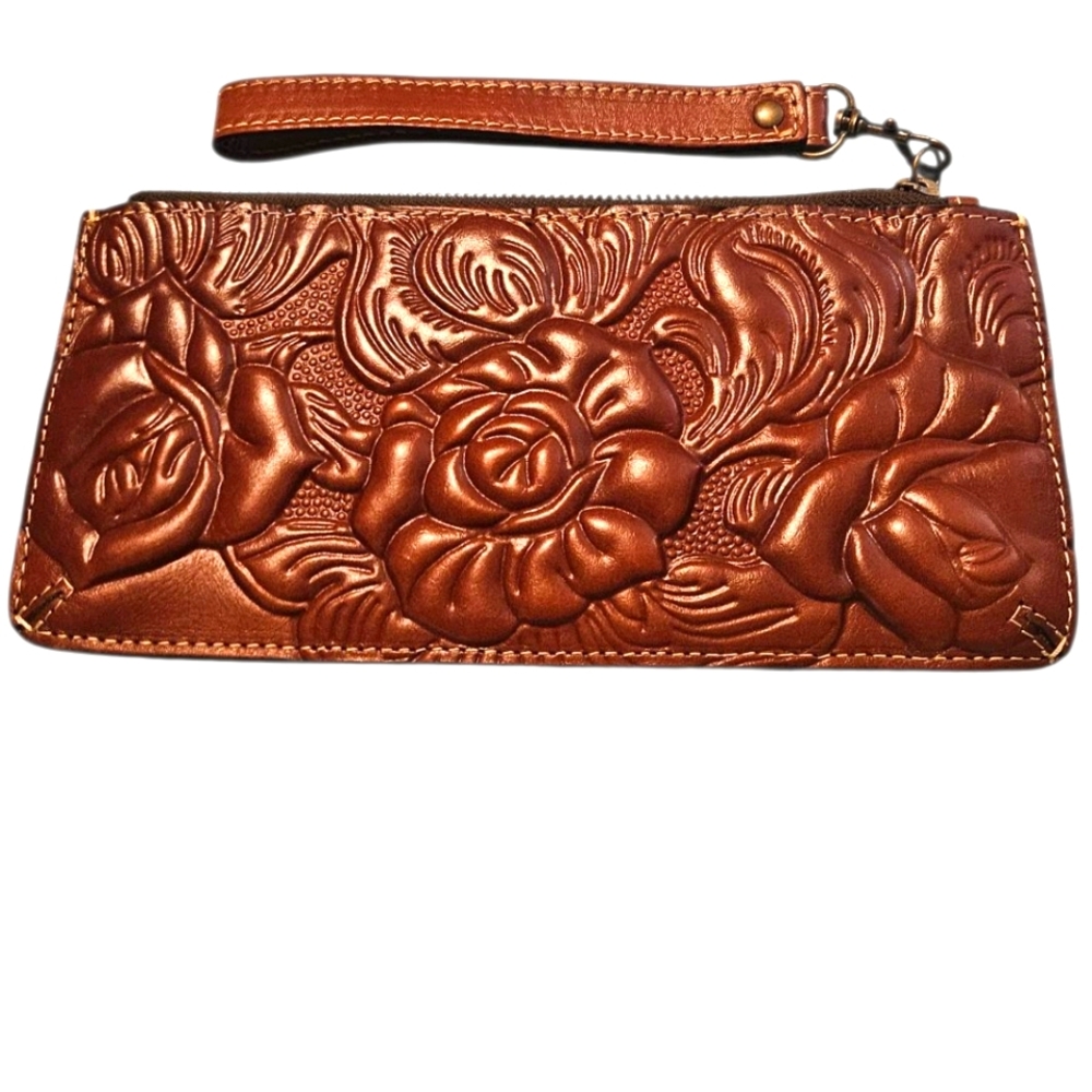 Patricia Nash Embossed Floral Brown Wristlet